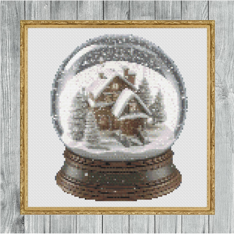 Winter House Snow Globe Cross Stitch Gold Frame.jpg