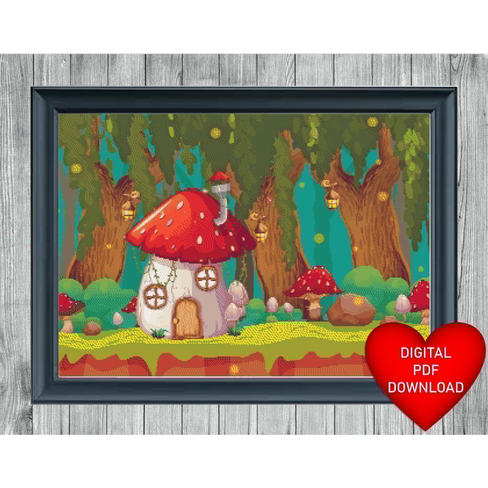 Fantasy Mushroom House Cross Stitch Blue Heart Frame.jpg