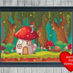 fantasy mushroom house cross stitch pattern, instant pdf download, large x stitching, magical forest woods, 14ct aida