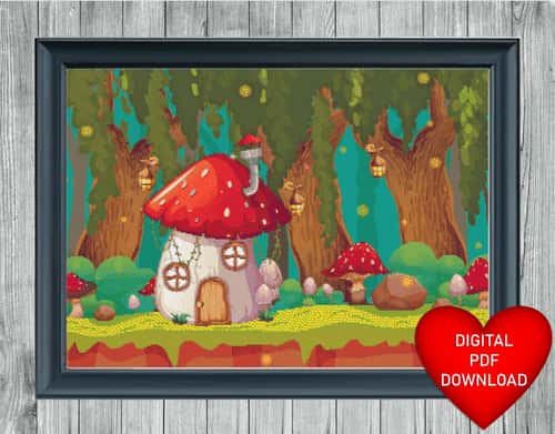 Fantasy Mushroom House Cross Stitch Pattern, Instant PDF Download, Large X Stitching, Magical Forest Woods, 14ct Aida