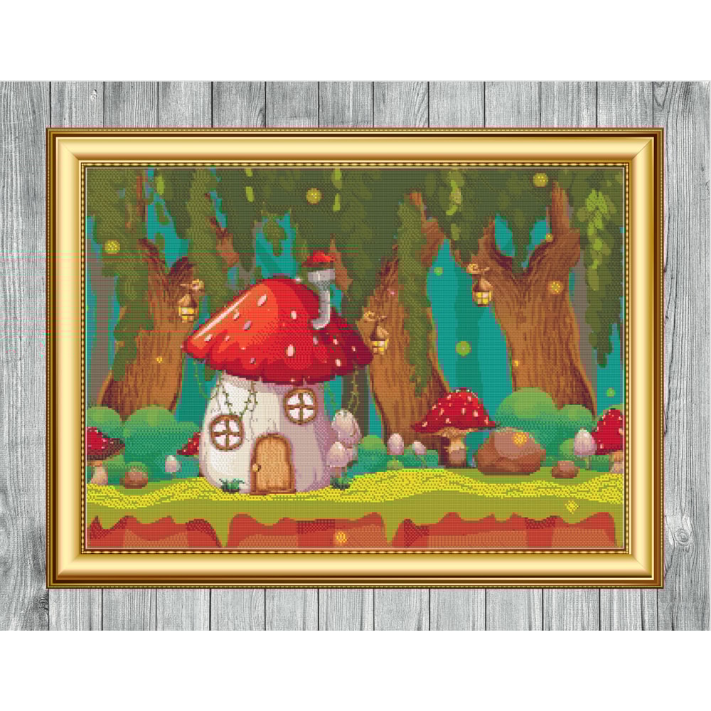 Fantasy Mushroom House Cross Stitch Gold Frame.jpg
