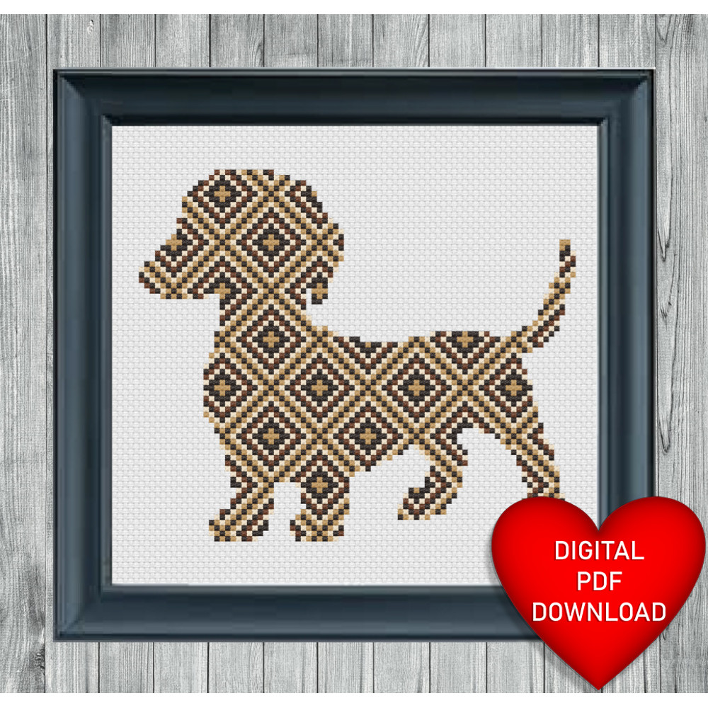 Brown Patchwork Dachshund Cross Stitch Picture Blue Heart Frame.jpg