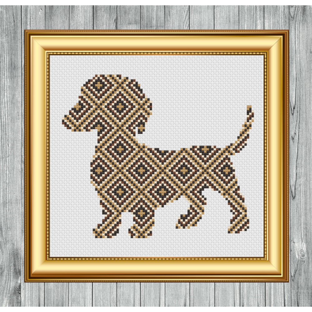 Brown Patchwork Dachshund Cross Stitch Picture Gold Frame.jpg