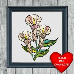 Stained Glass Lilies Cross Stitch Pattern, Floral Art Picture, Instant PDF Download, 14ct Aida, Embroidery, DMC Floss