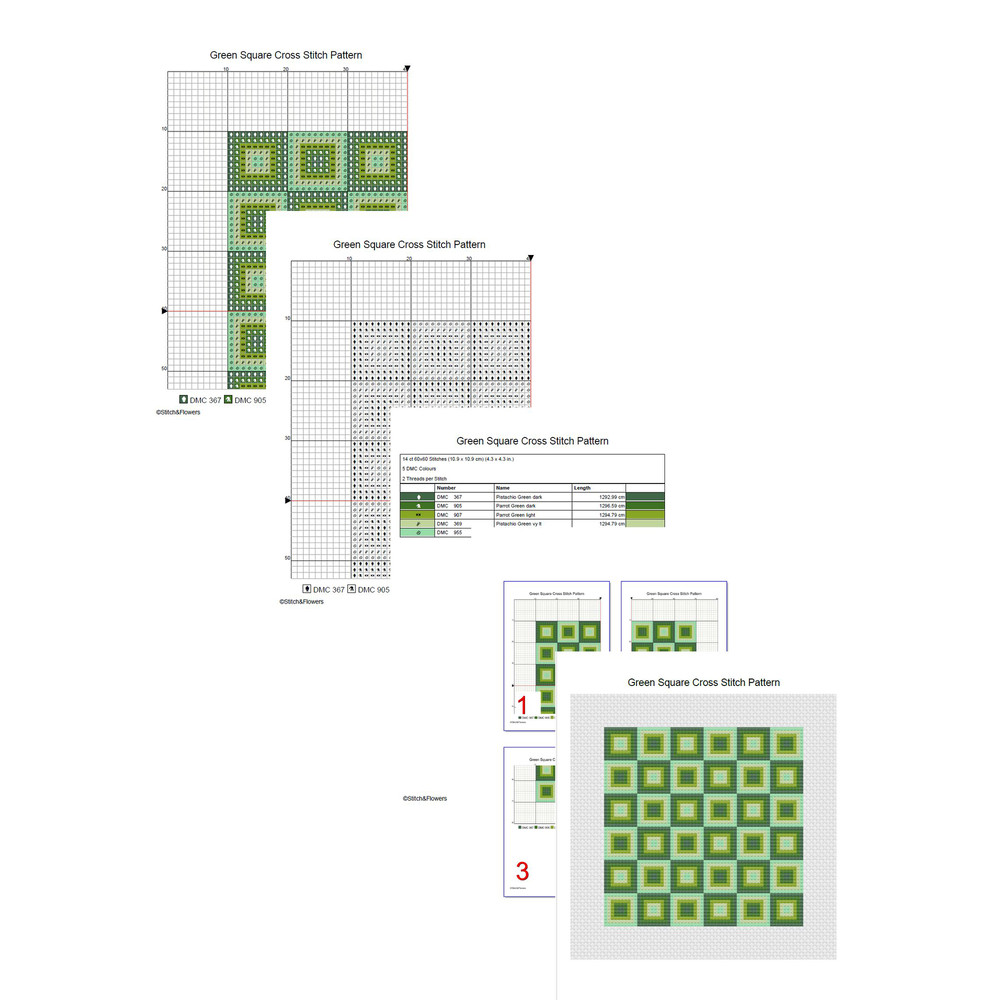 Green Square Cross Stitch Pattern Instant PDF Download X Stitching 14ct Aida Embroidery DMC Floss T 2