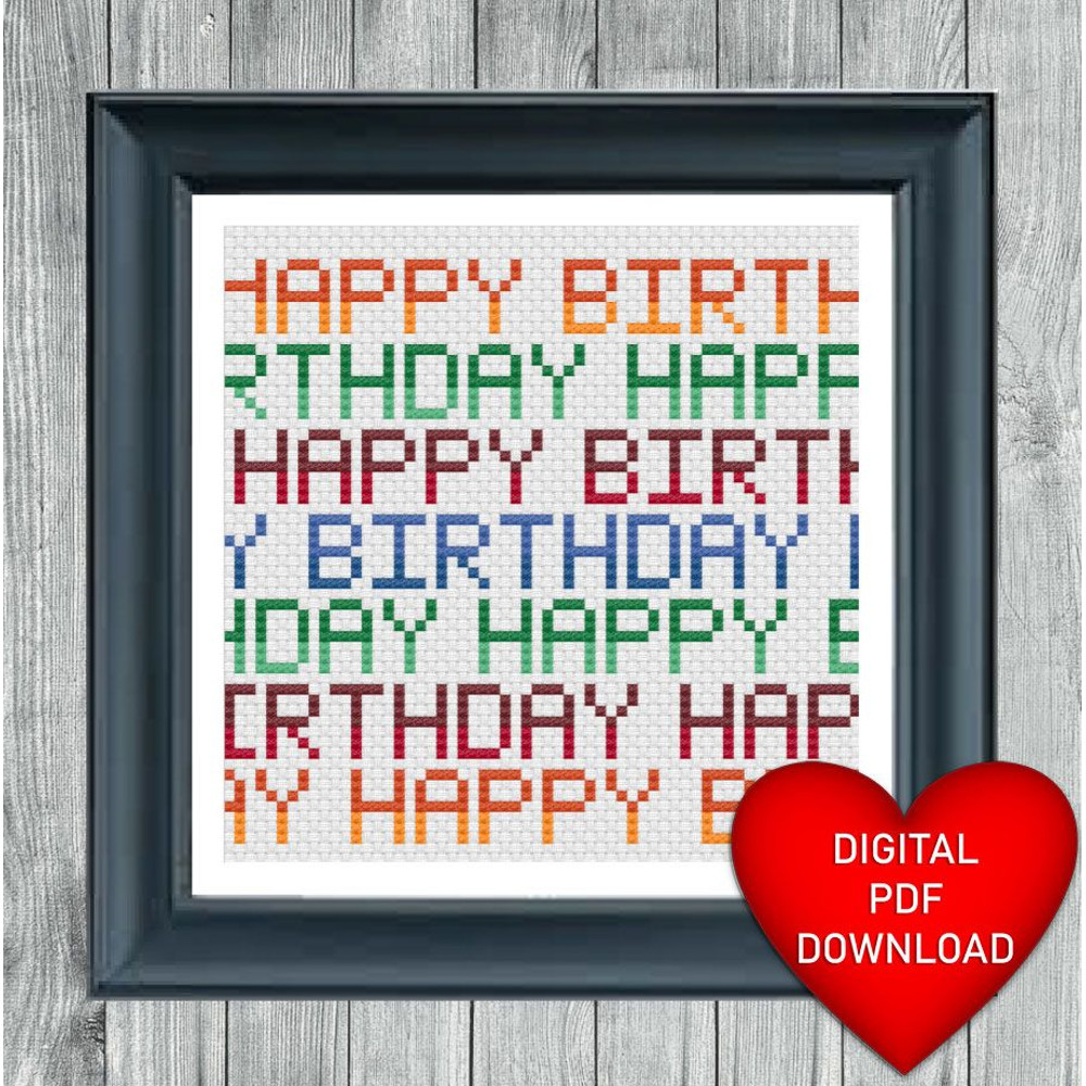 Happy Birthday Text Cross Stitch PDF Pattern Card Instant PDF Download X Stitching 14ct Aida Embroi 2