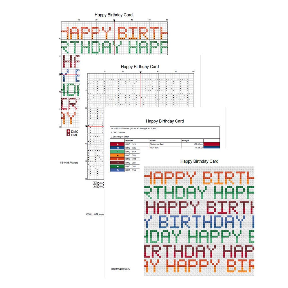 Happy Birthday Text Cross Stitch PDF Pattern Card Instant PDF Download X Stitching 14ct Aida Embroi 1