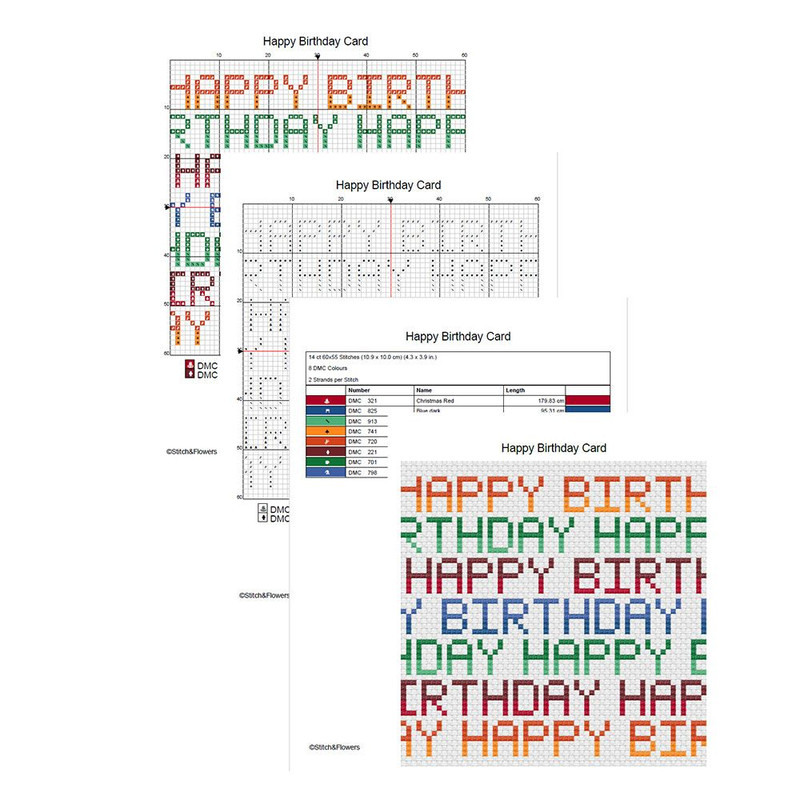 Happy Birthday Text Cross Stitch PDF Pattern Card Instant PDF Download X Stitching 14ct Aida Embroi 1
