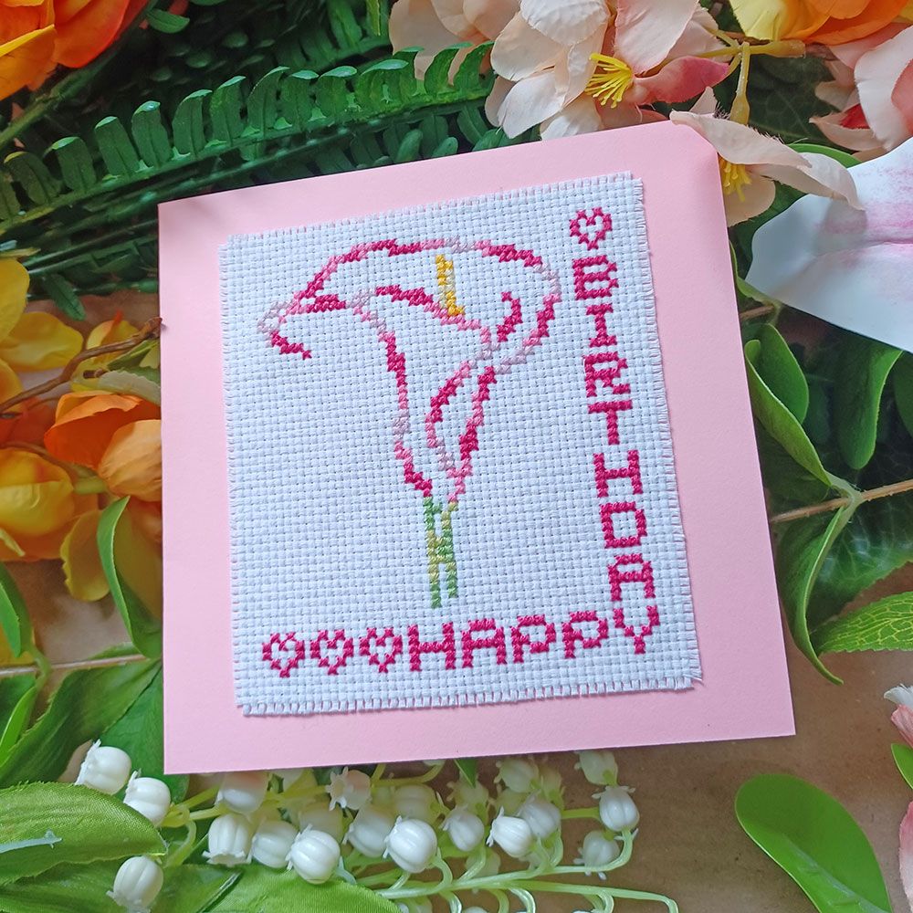 Happy Birthday Calla Lily Cross Stitch PDF Pattern Craft Card Instant PDF Download X Stitching 14ct 0