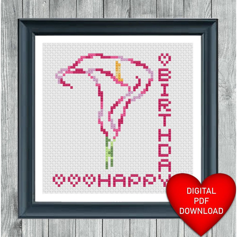 Happy Birthday Calla Lily Cross Stitch PDF Pattern Craft Card Instant PDF Download X Stitching 14ct 2