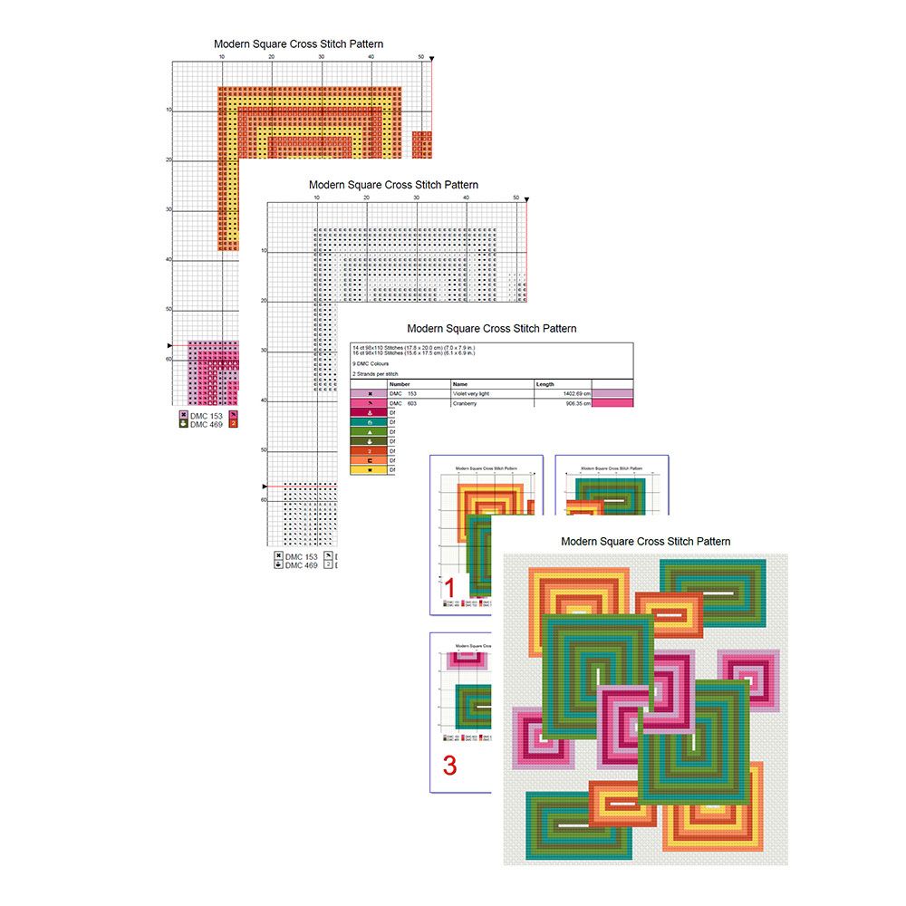 Modern Square Cross Stitch Pattern Instant PDF Download X Stitching 14ct Aida Embroidery DMC Floss  1