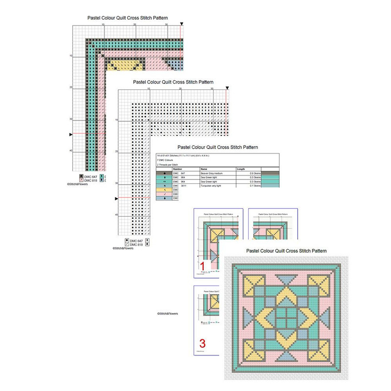Pastel Colour Quilt Cross Stitch Pattern Instant PDF Download X Stitching 14ct Aida Embroidery DMC  1