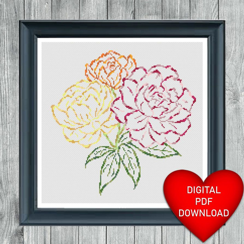 Cross Stitch Pattern Three Colour Peonies Instant PDF Download X Stitching 14ct Aida Embroidery DMC 0