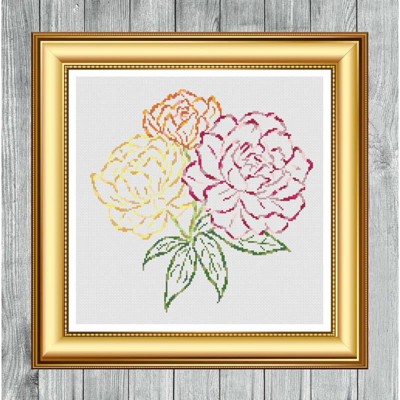 Cross Stitch Pattern Three Colour Peonies Instant PDF Download X Stitching 14ct Aida Embroidery DMC 2