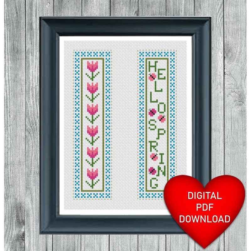 Cross Stitch Pattern Hello Spring Butterfly Tulip Bookmark Instant PDF Download X Stitching 14ct Ai 2