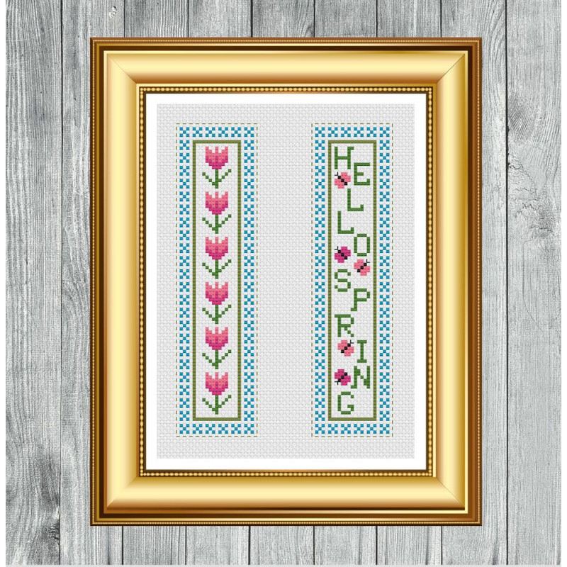 Cross Stitch Pattern Hello Spring Butterfly Tulip Bookmark Instant PDF Download X Stitching 14ct Ai 3
