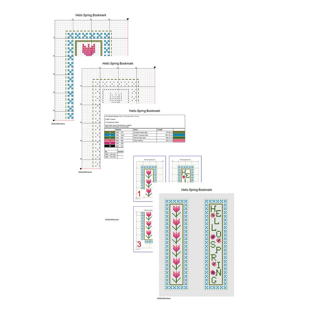 Cross Stitch Pattern Hello Spring Butterfly Tulip Bookmark Instant PDF Download X Stitching 14ct Ai 1