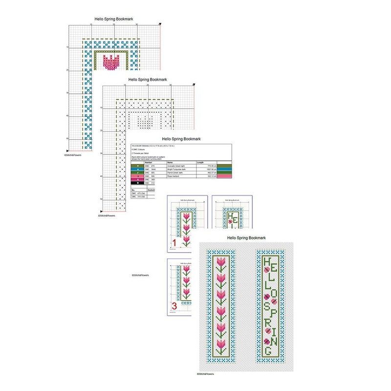 Cross Stitch Pattern Hello Spring Butterfly Tulip Bookmark Instant PDF Download X Stitching 14ct Ai 1