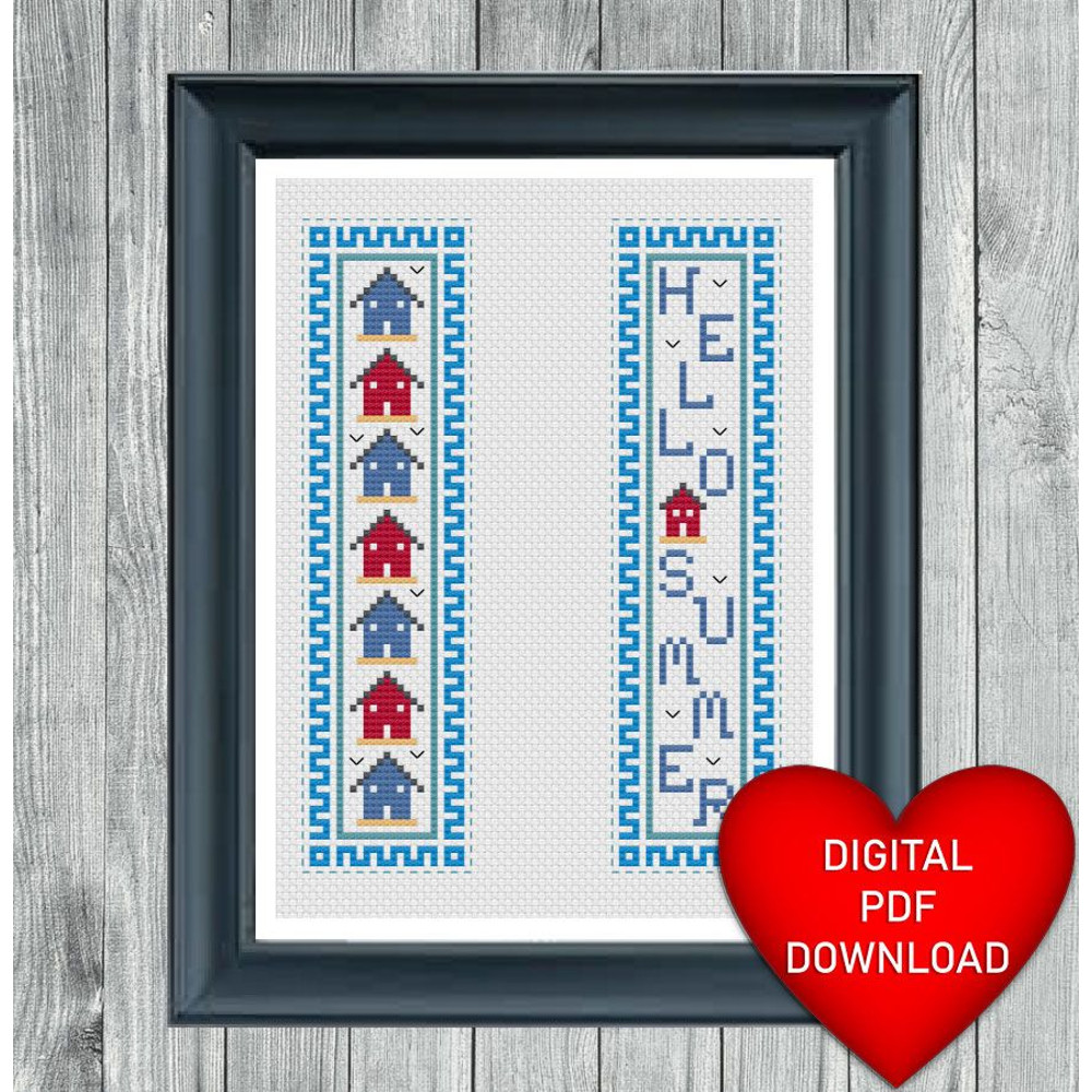 Cross Stitch Pattern Hello Summer Beach Hut Bookmark Instant PDF Download X Stitching 14ct Aida Emb 3