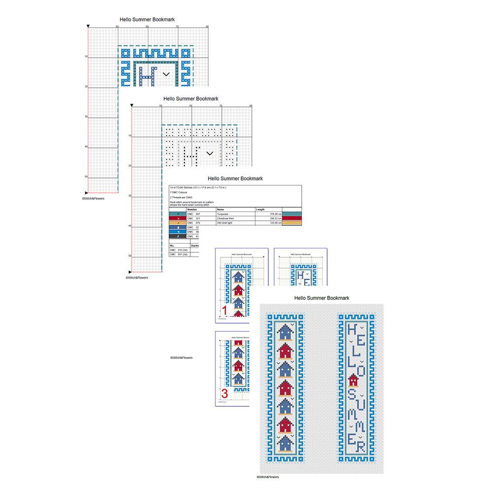 Cross Stitch Pattern Hello Summer Beach Hut Bookmark Instant PDF Download X Stitching 14ct Aida Emb 2
