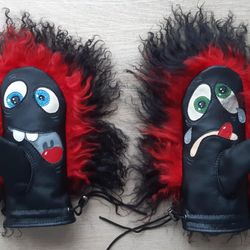 Winter warm red black lama fur mittens palms of leather. Handmade embroidered funny fur mittens Sofalee. The Christmas!