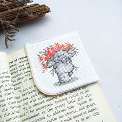 Embroidered handmade corner bookmark, elephant with flowers for her, cute Mother's Day gift