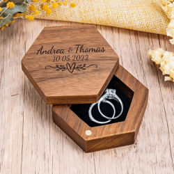 Custom Engraved Wooden Ring Box, Vintage Wooden Wedding Ring Box, Proposal Ring Box, Hexagonal Wood Ring Box