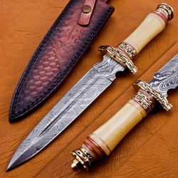 custom handmade damascus steel hunting dagger knife with bone and brass handle leather sheath