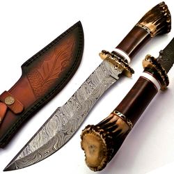 custom handmade damascus steel stag horn brass handle hunting bowie knife with leather sheath