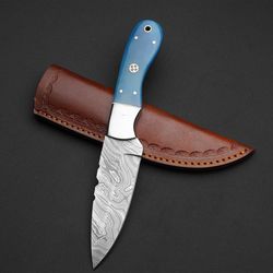 custom handmade damascus steel hunting knife with leather sheath