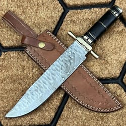 custom handmade damascus steel hunting bowie knife with leather sheath