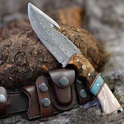 custom handmade damascus steel hunting skinning knife with leather sheath