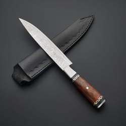 custom handmade damascus steel chef knife with leather sheath