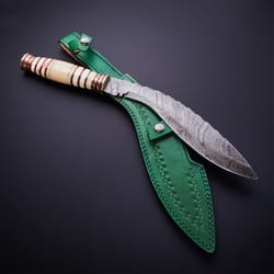 custom handmade damascus steel hunting kukri knife with leather sheath