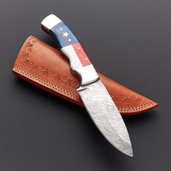 custom handmade damascus steel hunting skinner knife with leather sheath