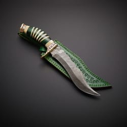 12.75" long hand forged damascus steel hunting bowie knife, camel bone, green spacers, brass, cow hide leather sheath wi