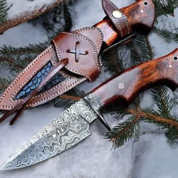 custom handmade damascus steel hunting camping knife | rosewood-damascus guard handle | 9.5 inches | leather sheath