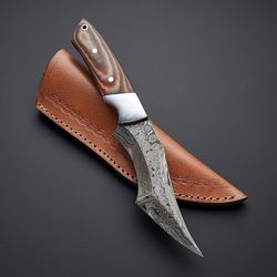 custom handmade damascus steel fixed blade micarta handle hunting knife with leather sheath