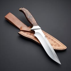 custom handmade damascus steel fixed blade hunting knife with leather sheath