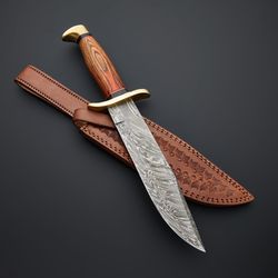 custom handmade damascus steel hunting bowie knife with leather sheath