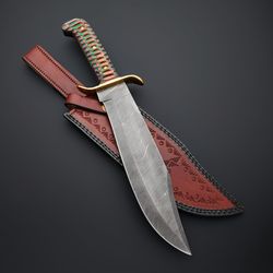 custom handmade damascus steel hunting bowie knife with leather sheath