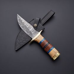 handmade damascus steel olive wood and blue acrylic handle hunting bowie knife with leather sheath