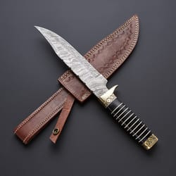 handmade damascus steel hunting bowie knife with leather sheath