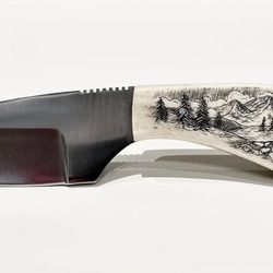 hand engraved scrimshaw fixed blade skinner knife - mountain landscape- hunting knife