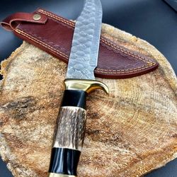 custom handmade bowie knife with stag & buffalo horn, hunting knife, damascus knife, camping knife, wedding gift