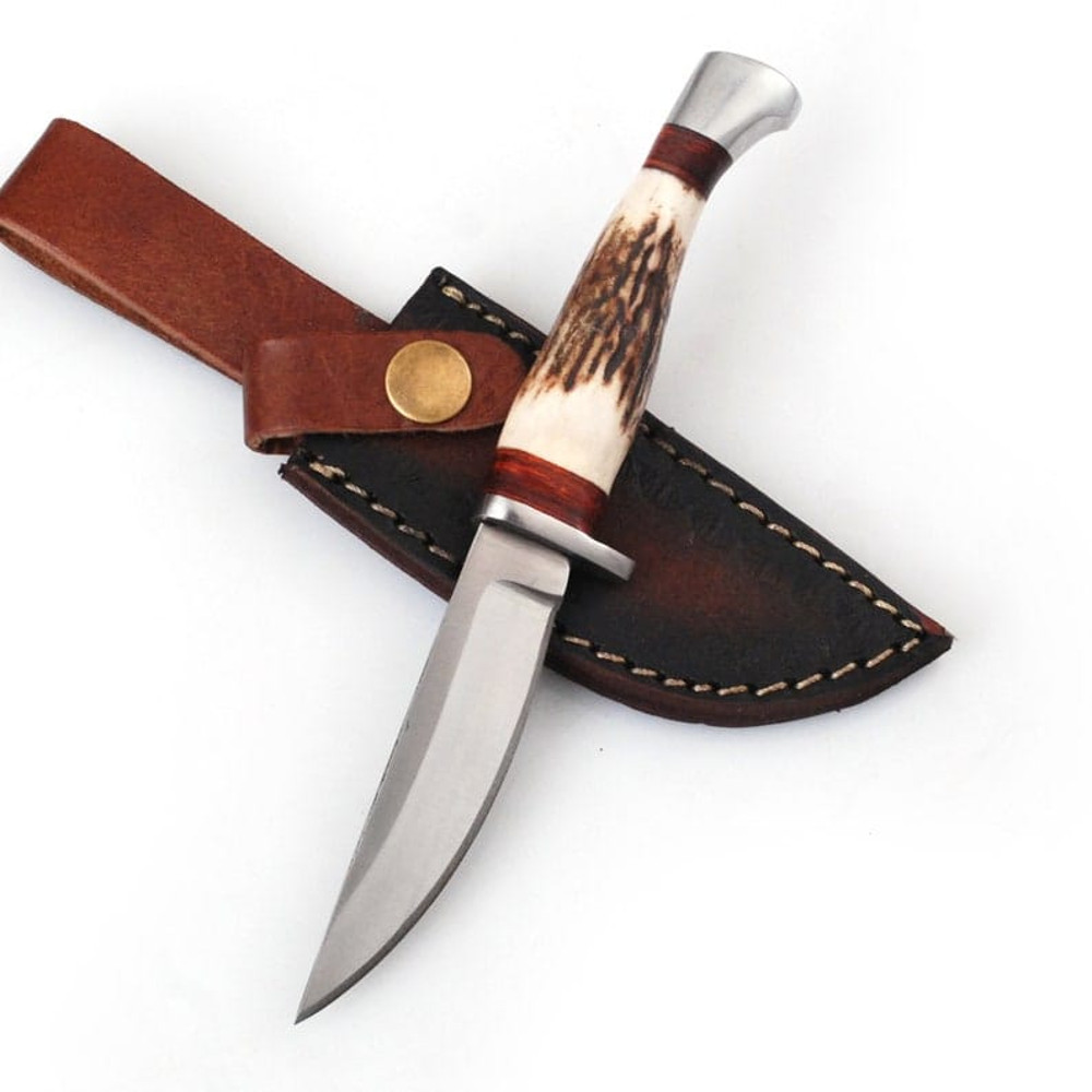 D2 Steel Fixed Blade Hunting Knife With Stag Horn Handle And Leather Sheath Survival Tool Best Anniversary Gift 2