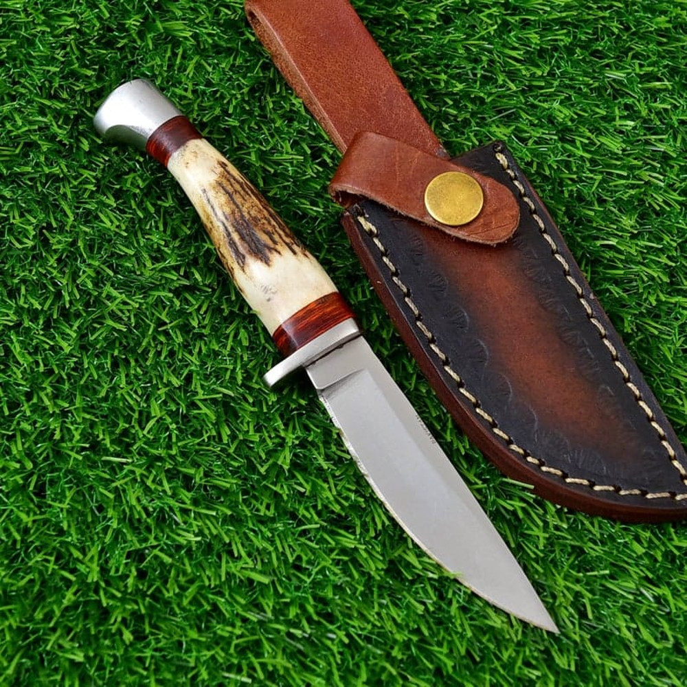 D2 Steel Fixed Blade Hunting Knife With Stag Horn Handle And Leather Sheath Survival Tool Best Anniversary Gift 3