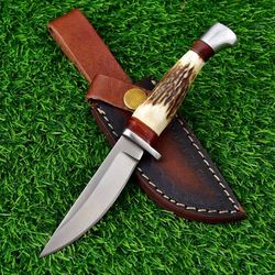 d2 steel fixed blade hunting knife with stag horn handle and leather sheath, survival tool best anniversary gift