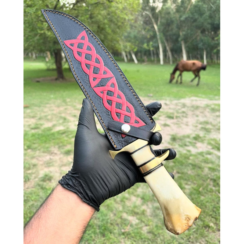 Luxurious Custom Handmade Damascus Steel Bowie Knife With Brass Guard And Camel Bone Handle Complete With Leather Sheat 3