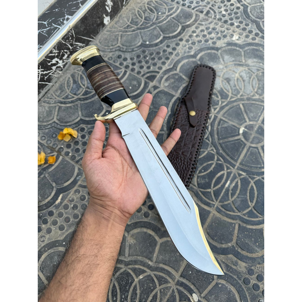Custom Handmade J2 Steel Crocodile Dundee Bowie Knife With Brass Guard And Leather Handle 1
